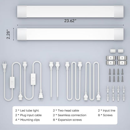 Plug in Light Fixtures 2FT 2PCS Linkable 5000K LED Shop Light, 18W Ceiling/Closet Light for Laundry Kitchen Garage Workbench, Under Cabinet Lighting, Triproof, White | Plug in Ceiling/Closet Light with Plug for Laundry Kitchen Garage, No-Flicker Workbe...