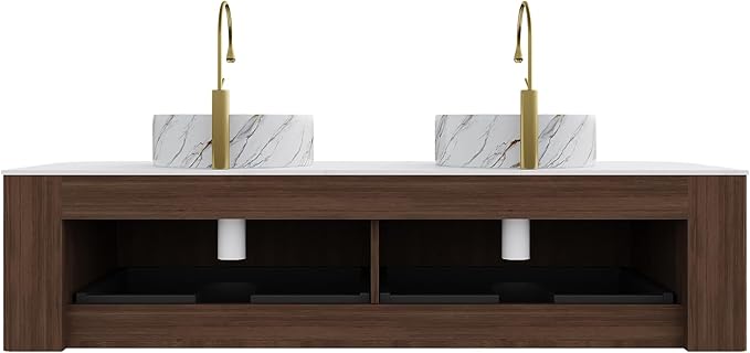 60" Floating Bathroom Vanity with Sink, Wall-Mount Cabinet 2 Large Storage Drawer, 2 White Ceramic Basins with Stone Pattern and Marble Top, Soft-Close Design, Dark Walnut
