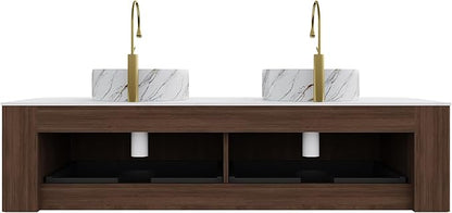 60" Floating Bathroom Vanity with Sink, Wall-Mount Cabinet 2 Large Storage Drawer, 2 White Ceramic Basins with Stone Pattern and Marble Top, Soft-Close Design, Dark Walnut
