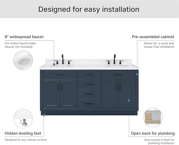 ARIEL Hepburn 72-inch Bathroom Vanity with Sink,Solid Wood, 1.5-inch Carrara White Quartz Countertop, Double Oval Porcelain Sink, 4 Soft Closing Doors, 6 Dovetail Drawers, Midnight Blue