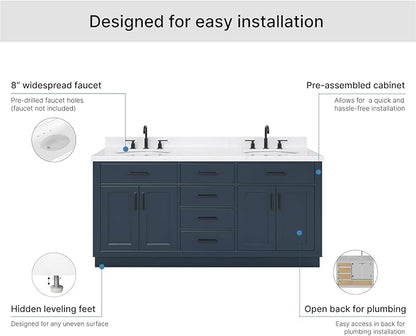ARIEL Hepburn 72-inch Bathroom Vanity with Sink,Solid Wood, 1.5-inch Carrara White Quartz Countertop, Double Oval Porcelain Sink, 4 Soft Closing Doors, 6 Dovetail Drawers, Midnight Blue