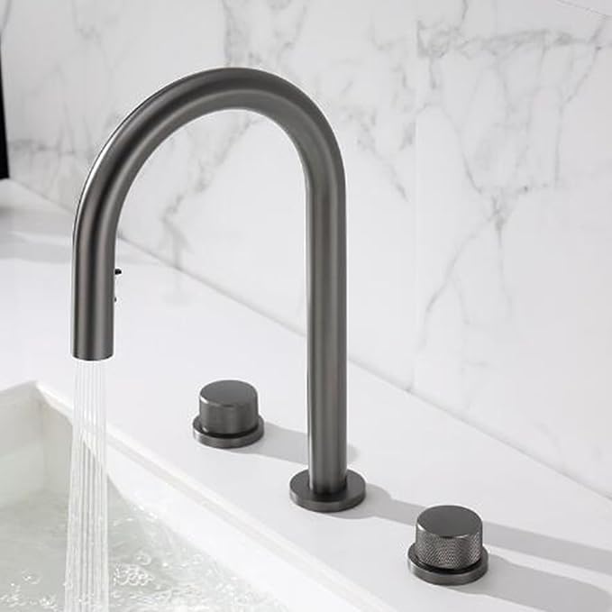 3 Hole Basin Mixer Faucet Pull Brass 3 Hole Bathroom Faucets Dual Mode 2 Handles-Grey