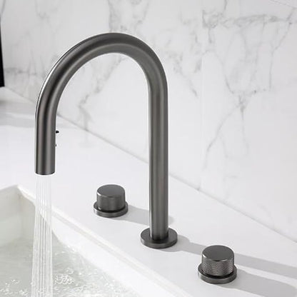 3 Hole Basin Mixer Faucet Pull Brass 3 Hole Bathroom Faucets Dual Mode 2 Handles-Grey
