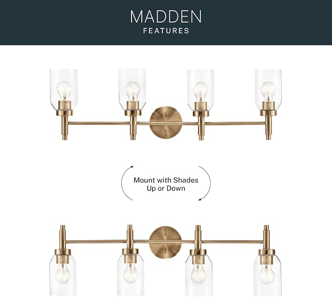 Kichler Madden 4-Light Bathroom Vanity Light, Champagne Bronze | Modern vanity light with clear glass for single or double bathroom mirrors (34" x 10.5"), 55186CPZ