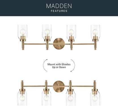Kichler Madden 4-Light Bathroom Vanity Light, Champagne Bronze | Modern vanity light with clear glass for single or double bathroom mirrors (34" x 10.5"), 55186CPZ