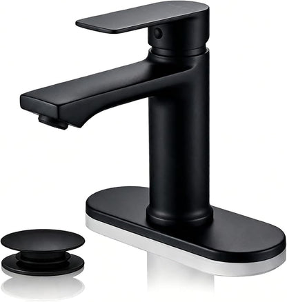 BELZ Black Bathroom Faucet, Lead-Free 1 or 3 Hole (4") Vanity Sink Faucet | NSF372 Compliant, Anti-corrosion Coating, 6'' Single Handle Sink Faucet with pop-up drain & hot/cold hoses, Easy DIY Install