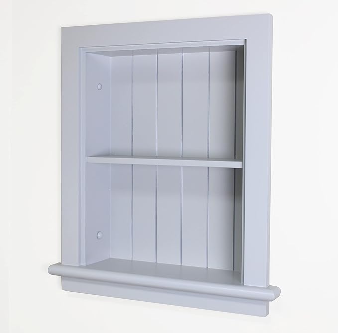 Fox Hollow Furnishings 14x18 Aiden Recessed Wall Niche Medicine Cabinet Replacement, in The Wall Bathroom Cabinet Insert Shelf/Shelves, Made in North America, Real Wood, NO MDF, Beadboard, Light Gray