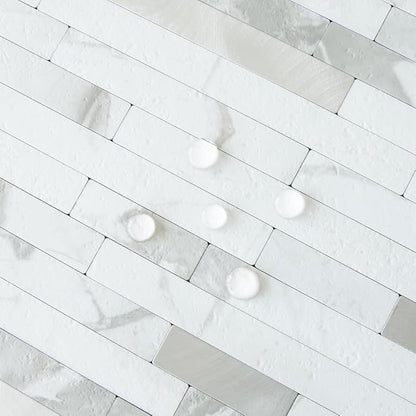 AULIGET 20 Sheets White Stone Peel and Stick Backsplash, PVC Mixed Metal Silver Wall Tile Stick on Backsplash for Kitchen and Bathroom