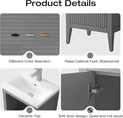 Vanity Art 20 inch Bathroom Vanity with Single Sink & Ceramic Top, Vanity Cabinet with Soft-Closing Door, Solid Wood Frame, Linear Pattern, Cashmere Gray, VA9120-G-MB,Matte Black Handles