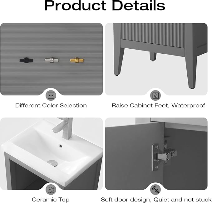 Vanity Art 20 inch Bathroom Vanity with Single Sink & Ceramic Top, Vanity Cabinet with Soft-Closing Door, Solid Wood Frame, Linear Pattern, Cashmere Gray, Golden Brushed Handware VA9120-G-GB
