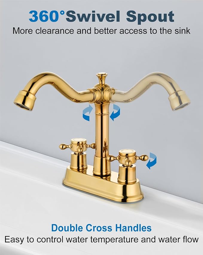 4 Inch Centerset Bathroom Sink Faucet 2 Handle Polish Gold | Swivel Spout,Pop Up Drain,cUPC Hose,for 2 or 3 Hole Sink,Lavatory,Vintage,Farmhouse,RV,SUS304 Mixer Tap,Metal Cross Handle