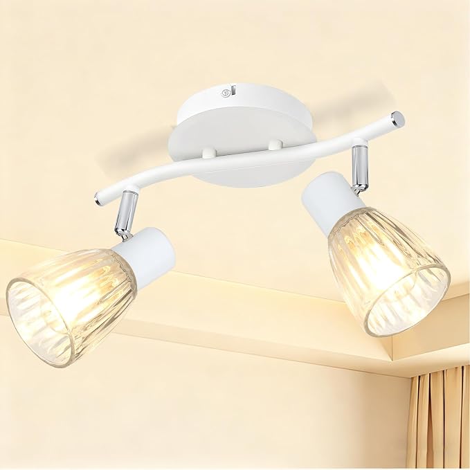 HiBay 2-Light Track Lighting, Adjustable Modern Ceiling Light Fixture White | with Glass Shades, Flush Mount Wall Spotlight Indoor for Kitchen, Bedroom, Living Room, E12 Base, No Bulbs