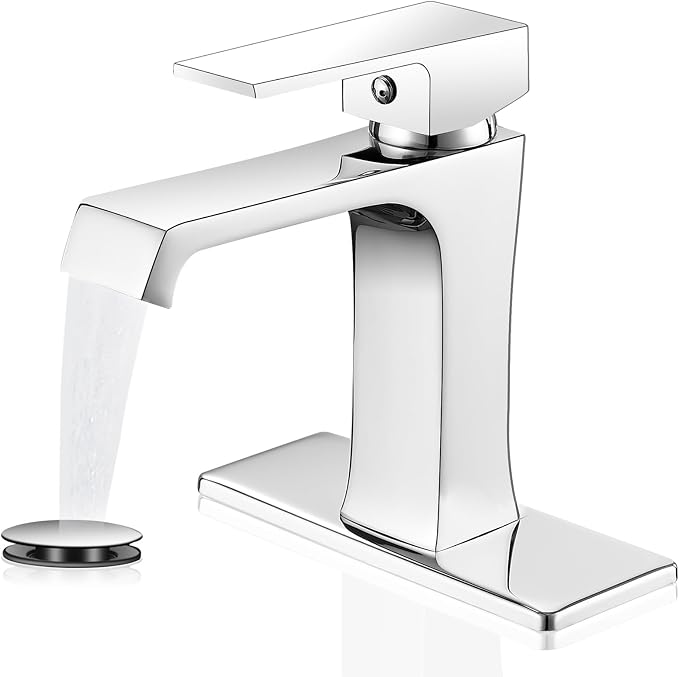 Waterfall Bathroom Faucet Chrome Bathroom Sink Faucet, Modern Single Hole Bathroom Faucet, Single Handle RV Sink Vanity Faucet—Includes Pop-Up Drain, Suitable for 1-Hole or 3-Hole