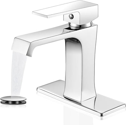 Waterfall Bathroom Faucet Chrome Bathroom Sink Faucet, Modern Single Hole Bathroom Faucet, Single Handle RV Sink Vanity Faucet—Includes Pop-Up Drain, Suitable for 1-Hole or 3-Hole