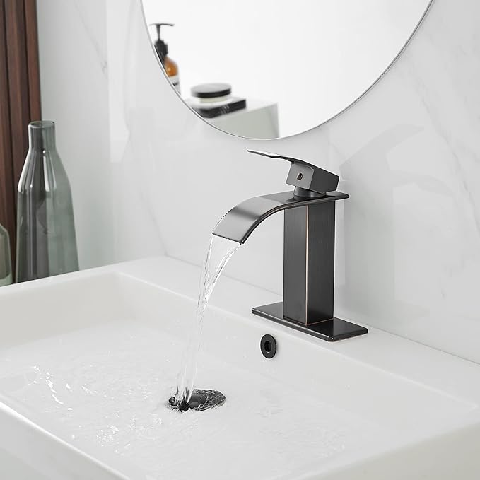 BWE Waterfall Bathroom Faucet Oil Rubbed Bronze Faucet for Bathroom Sink 1 Hole Single Handle Modern Vanity Faucet Lavatory Bath Mixer Tap with Pop Up Drain Assembly with Overflow and Supply Line