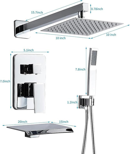 Chrome Shower Faucet Set with Tub Spout 10 Inch Shower Head | Tub and Shower Faucet Combo, Rain Shower and Handheld Shower System Square Wall Mount for Bathroom