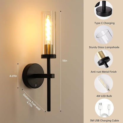 Shenmoyl Set of 2 Wall Sconces, 5200 mAh Battery Operated Wall Sconce with 3 Colors & Remote Control, Black Gold Rechargeable Wall Lamp with Clear Glass Shade for Bedroom, Bathroom, Stairwell, Hallway