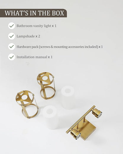 2-Light Brushed Gold Bathroom Light Fixtures with Milk White Frosted Glass, 13.2" UL-Listed Modern Wall Sconce Over Mirror with Metal Cage for Bath, Hardwire E26, OS-3014BGW-2W