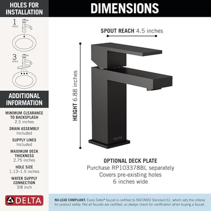 Delta Ara Matte Black Bathroom Faucet 1 Hole, Single Hole Bathroom Sink Faucet for Vanity, Metal Push-Pop Drain Assembly, Matte Black 567LF-BLGPM-PP