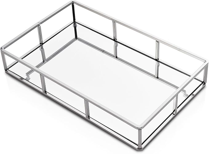 PuTwo Tray Mirror Silver Dresser Ornate Metal Decorative Jewelry Organizer | Silver Tray Jewelry Perfume Organizer Makeup Tray for Vanity Dresser Bathroom Bedroom