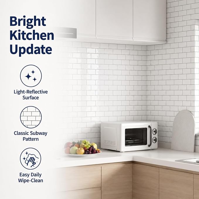 Peel and Stick Backsplash for Kitchen, White | 10 pack self‑adhesive tiles for backsplash, bathroom, or accent wall. Easy DIY install and wipeable. Covers approx. 10 sq ft.