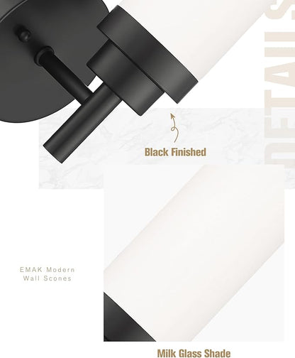 Emak Modern Wall Sconce Set of 2, Black Bathroom Light Fixtures with Milk Glass Shade, Farmhouse Wall Lamp for Bathroom, Bedroom, Living Room, Hallway, WS085-BK-ML-2PK