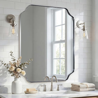 24x30 Inch Chrome Bathroom Mirror, Polished Nickel Mirrors for Wall, Modern Scalloped Mirror in Rustproof Stainless Steel Thin Frame, Elegant Scalloped Edge Design, Ideal for Home Remodel