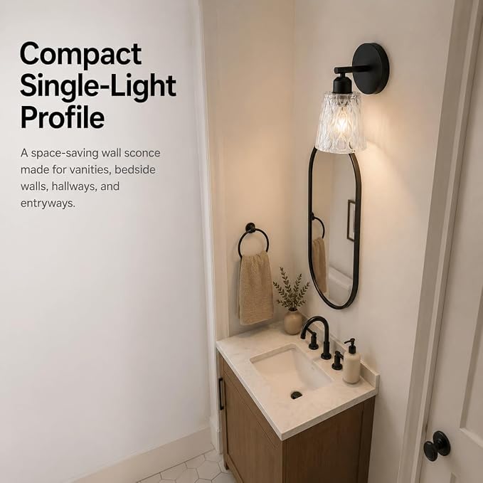 Black Bathroom Vanity Light Over Mirror, 1-Light Modern Vanity Light with Textured Glass Shade, Stainless Steel Backplate, E26 Socket (Bulb Not Included)