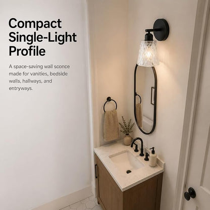 Black Bathroom Vanity Light Over Mirror, 1-Light Modern Vanity Light with Textured Glass Shade, Stainless Steel Backplate, E26 Socket (Bulb Not Included)