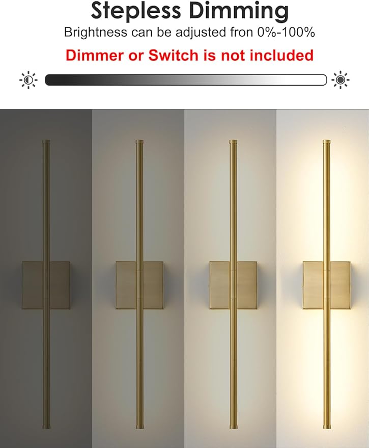 27.8 Inch Hardwired Wall Sconces Set of Two, 3000K Warm White Dimmable Modern Wall Sconces, 350° Rotate LED Light Fixtures Wall Lamp for Bathroom Living Room Bedroom Bedside, Brushed Brass