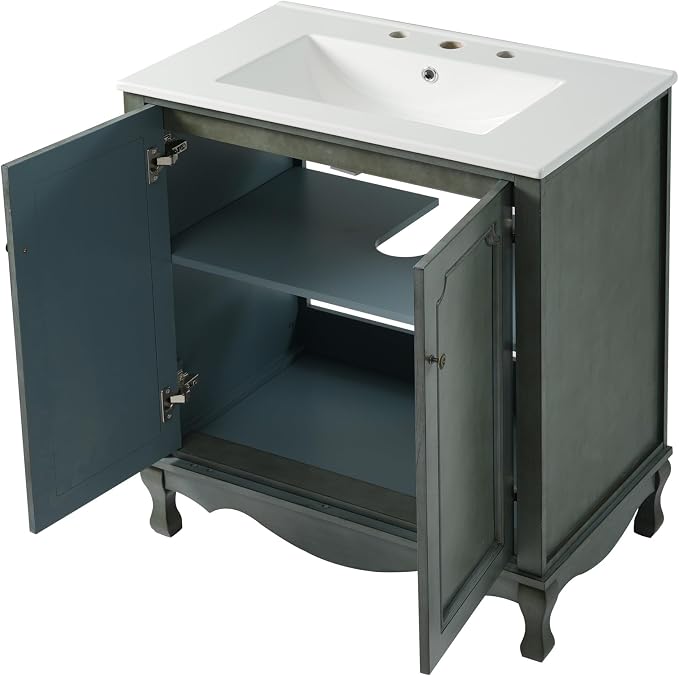 Merax 30" Vintage Bathroom Vanity with Sink, Bathroom Storage Vanity Cabinet with 2 Doors & Rubber Wood Legs & Adjustable Shelves & Antique Handles, Soft-Close Hinges, Antique Blue
