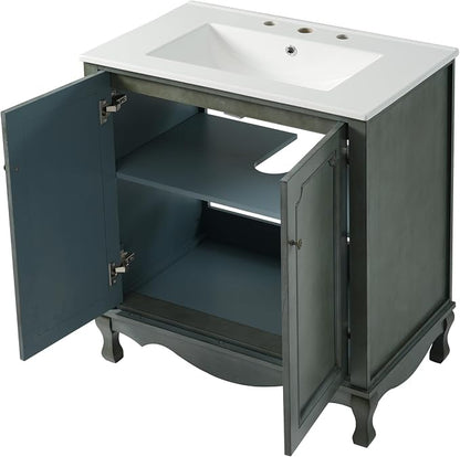 Merax 30" Vintage Bathroom Vanity with Sink, Bathroom Storage Vanity Cabinet with 2 Doors & Rubber Wood Legs & Adjustable Shelves & Antique Handles, Soft-Close Hinges, Antique Blue