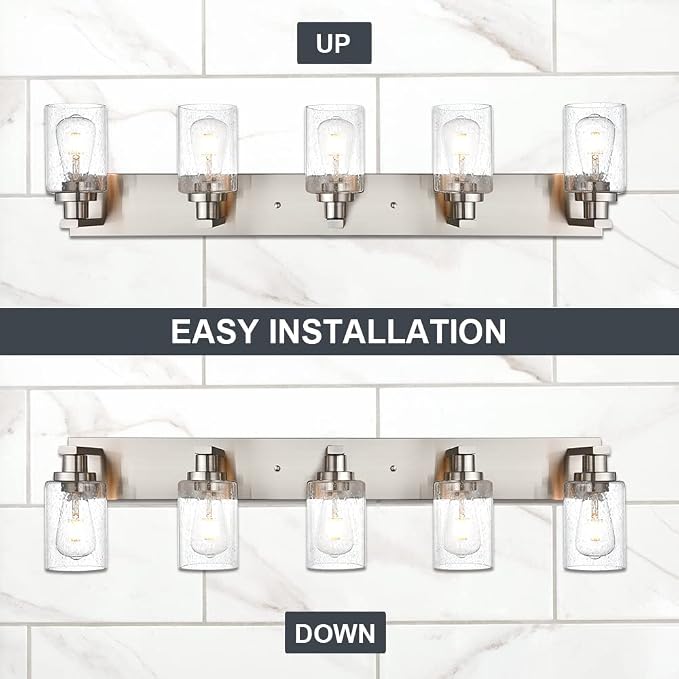 Bathroom Lights Fixtures Over Mirror, Brushed Nickel Vanity Lighting with 5 Seeded Glass Lampshades for Kitchen Living Room