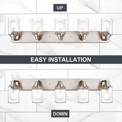 Bathroom Lights Fixtures Over Mirror, Brushed Nickel Vanity Lighting with 5 Seeded Glass Lampshades for Kitchen Living Room