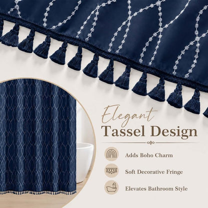 OVZME Navy Blue Stall Shower Curtain for Bathroom, Puff Printed Textured Shower Curtain with Tassels, Geometry Heavy Duty Vintage Country Narrow Bathroom Curtain, Water Resistant Fabric, 36Wx72L