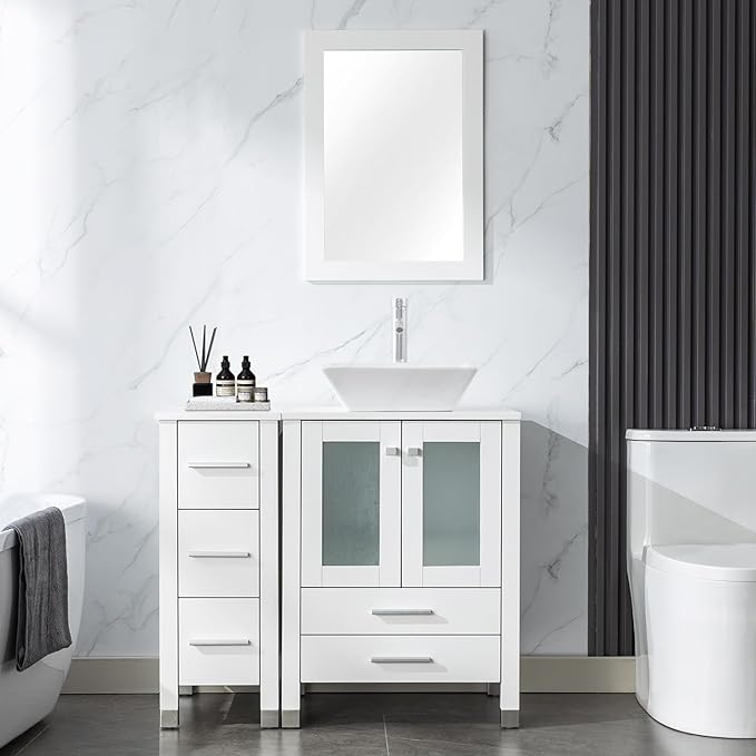 LUCKWIND 36" Bathroom Vanity with Sink Combo, 24-inch Main Cabinet with 12.6-inch Side Cabinet, Painted Bathroom Storage Cabinet with 5 Drawers, Including White Square Sink Without Mirror, White