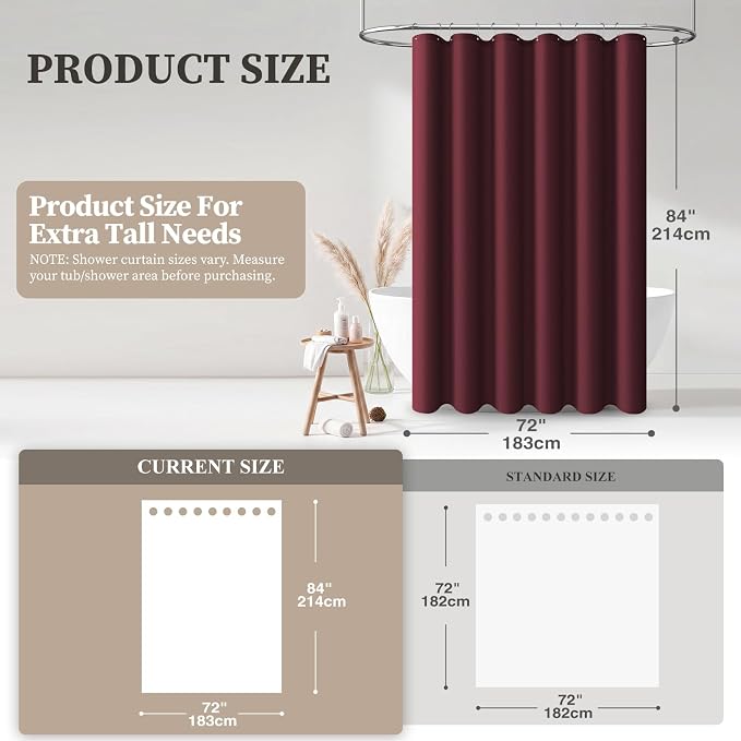 Long Linen Textured Waterproof Shower Curtain Set, 72x84, Burgundy | Tall Size, 230GSM Polyester, Heavy Duty Cloth, Weighted Hem, 12 Plastic Hooks, Modern Luxury Hotel Style, Machine Washable