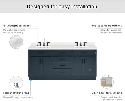 ARIEL Hepburn 72-inch Bathroom Vanity with Sink,Solid Wood, 1.5-inch Pure White Quartz Countertop, Double Rectangular Porcelain Sink, 4 Soft Closing Doors, 6 Dovetail Drawers, Midnight Blue