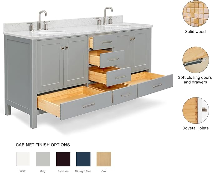 ARIEL Cambridge 72-inch Bathroom Vanity with Sink,Solid Wood, 0.75-inch Italian Carrara Marble Countertop & Backsplash, Double Oval Porcelain Sink, 4 Soft Closing Doors, 6 Dovetail Drawers, Grey