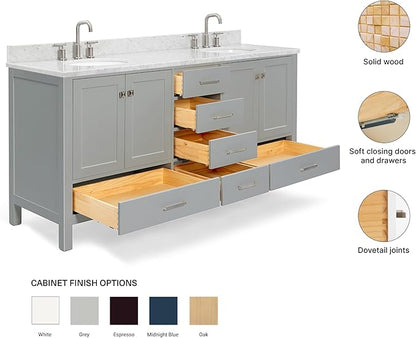 ARIEL Cambridge 72-inch Bathroom Vanity with Sink,Solid Wood, 0.75-inch Italian Carrara Marble Countertop & Backsplash, Double Oval Porcelain Sink, 4 Soft Closing Doors, 6 Dovetail Drawers, Grey