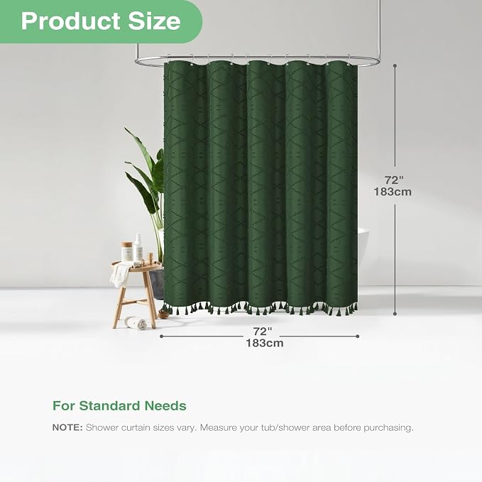 Boho Farmhouse Shower Curtain Tufted Geometric 72"x72" Dark Green | Elegant Tassel, Soft Lightweight Textured Cloth, Water Repellent, Washable, Hotel Spa, for Bathroom/Dorm/Apartment 12 Hooks