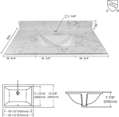 Montary 36" Bathroom Vanity with 37" Artificial Marble Carrara White Top, Modern Stylish MDF Bathroom Storage Cabinet, Freestanding Vanity Set with One Cabinet & 3 Drawers, White (Single Hole)