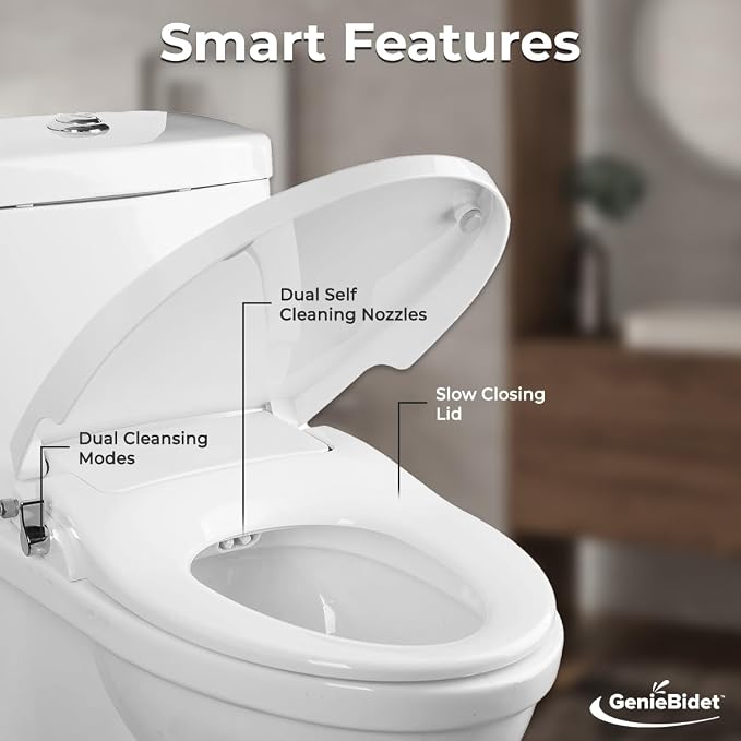 GenieBidet Bidet Toilet Seat Elongated | Fits Your Current Toilet Seat | No Wiring & Easy Install Elongated Bidet | Self Cleaning Dual Nozzles with Rear & Feminine wash | Hybrid T included