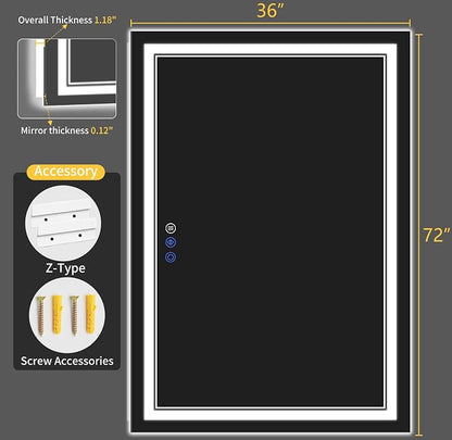 36"x72" LED Bathroom Mirror with Lights, Anti-Fog, Backlit + Front Lit, Dimmable, Led Vanity Mirror for Wall, Lighted Bathroom Mirror, 3 Colors, Shatter-Proof Tempered Glass