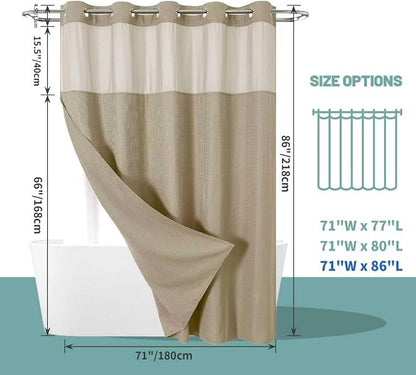 eachope No Hook Long Waffle Shower Curtain, Snap-in Liner, 71x86 in, Khaki | 230 GSM waffle weave fabric, waterproof liner set with 2 bottom magnets, mesh top window, washable, for bathroom or hotel use
