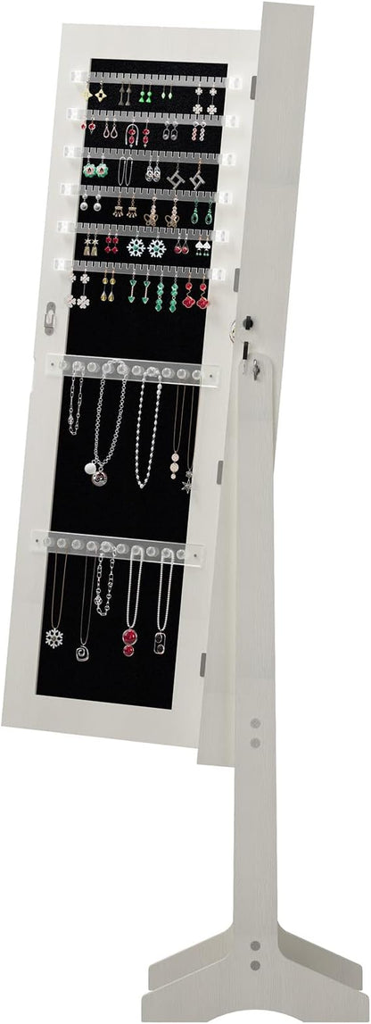 HRVEOCEI LED Mirror Jewelry Cabinet Standing, 63inch Lockable Jewelry Armoire Cabinet Standing with Storage Shelves, Full Length Mirror with Storage for Woman Girl Gift (63Inch White)