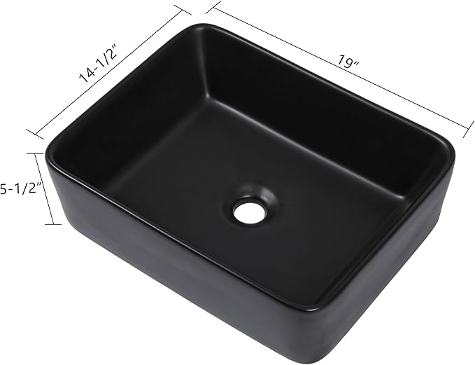 19"x15" Black Bathroom Vessel Sink Rectangular - Matte Black Porcelain Ceramic Rectangle Above Counter Vanity Lavatory Bath Sink Art Basin