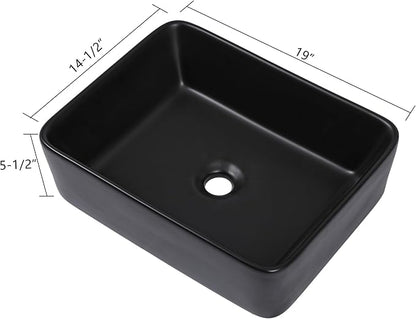 19"x15" Black Bathroom Vessel Sink Rectangular - Matte Black Porcelain Ceramic Rectangle Above Counter Vanity Lavatory Bath Sink Art Basin