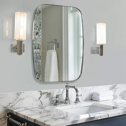 Chrome Oblong Mirror, 32x40 Inch Polished Chrome Oval Mirror for Bathroom with Stainless Steel Metal Frame, Wall Mouned for Bathroom, Living Room, Entryway
