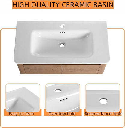 40" Bathroom Vanity with Ceramic Sink, Freestanding Bathroom Vanity with 2-Soft-Close Door, Soft-Closing Hinges & Hidden Handles for Home, Farmhouse, Easy to Clean Design, Imitative Oak
